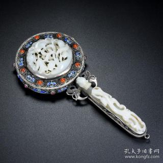 旧藏,明清回流纯银镶嵌和田玉玉镜